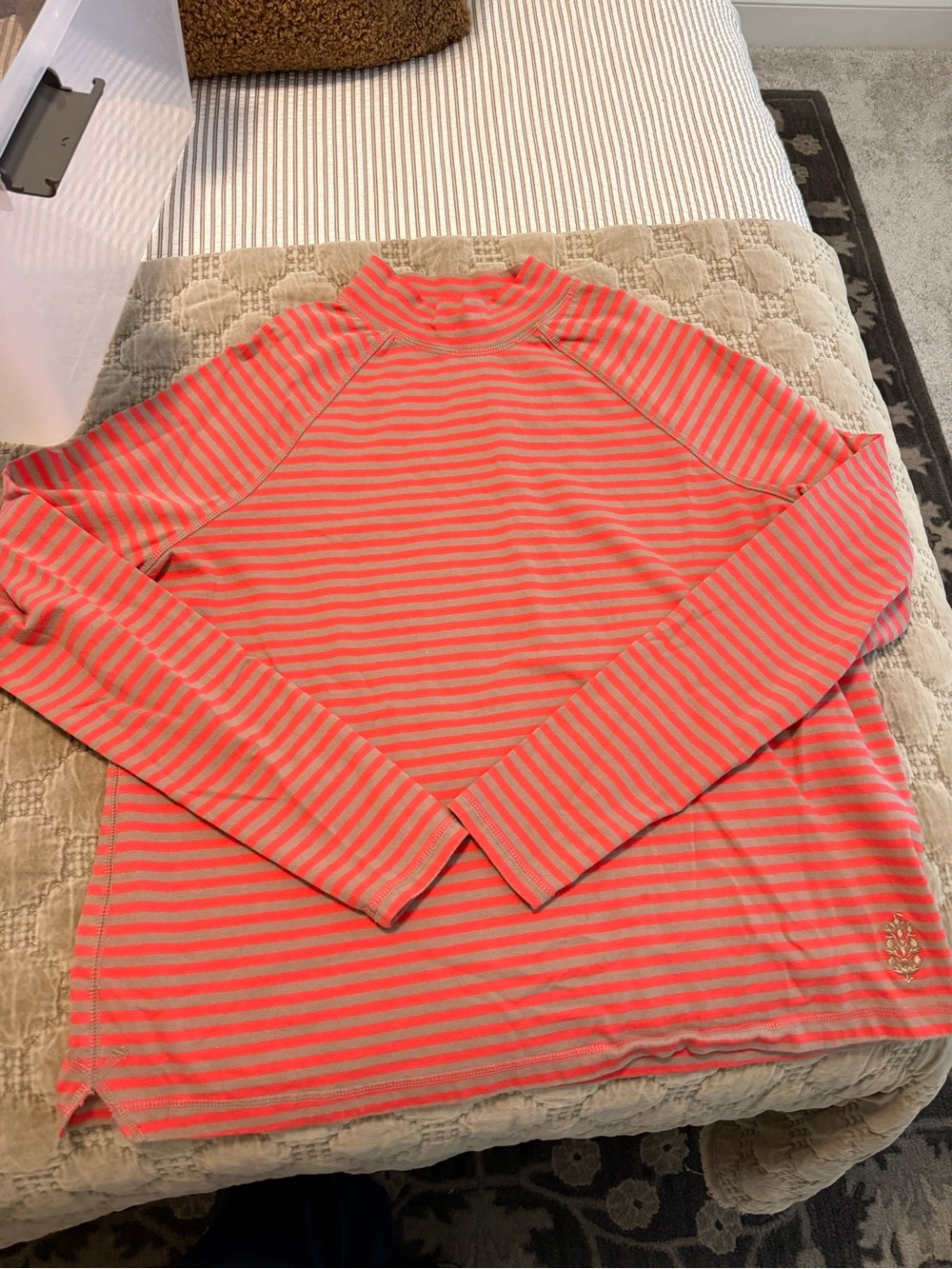 Free People Neon Coral and Light Gray Striped Long Sleeve Tee